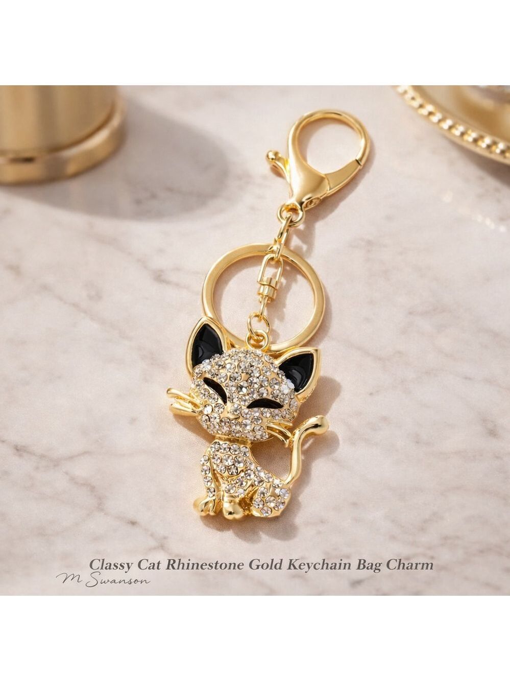 Classy Cat Rhinestone Gold Keychain Bag Charm